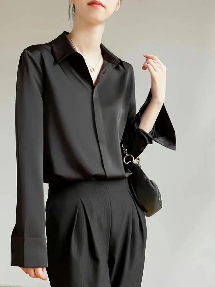 Women's Satin Office Fashion Designer Lantern Long-Sleeve Tops