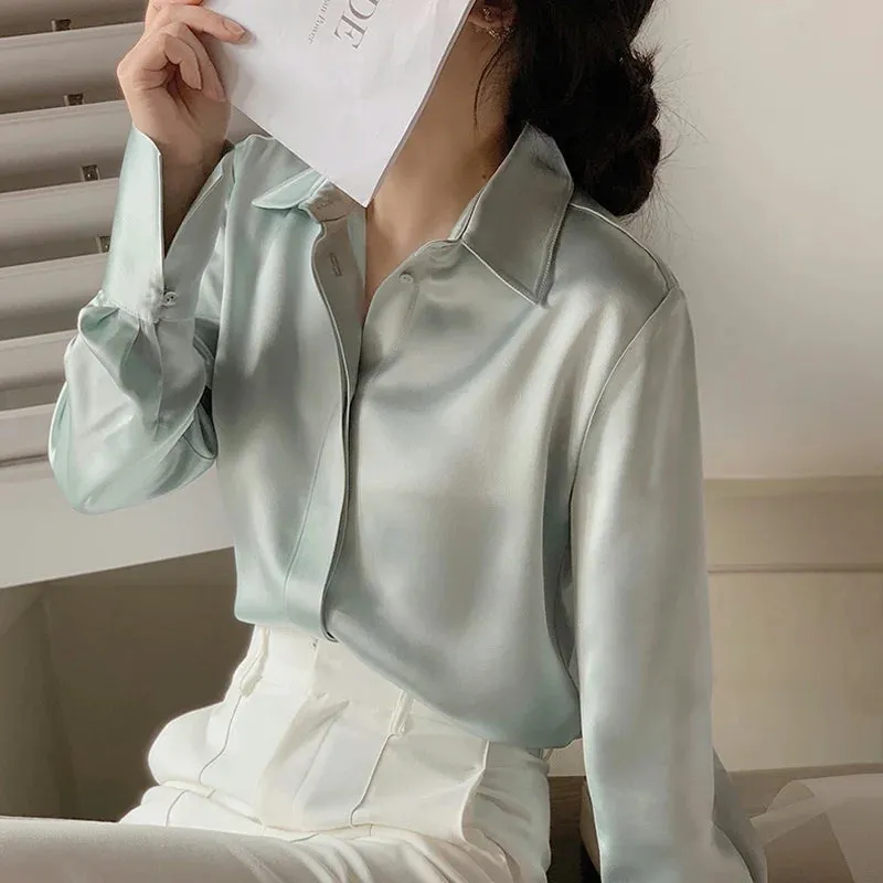 Women's Satin Office Fashion Designer Lantern Long-Sleeve Tops