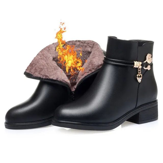 Women's Soft Leather Ankle Boots – Comfortable Rhinestone Winter Shoes with Cotton Lining