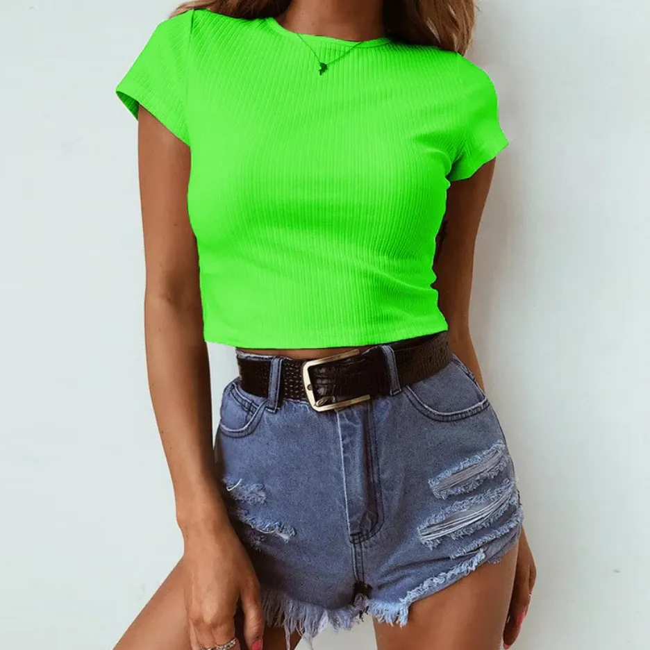 Women's Summer Casual O-Neck Ribbed Crop Top