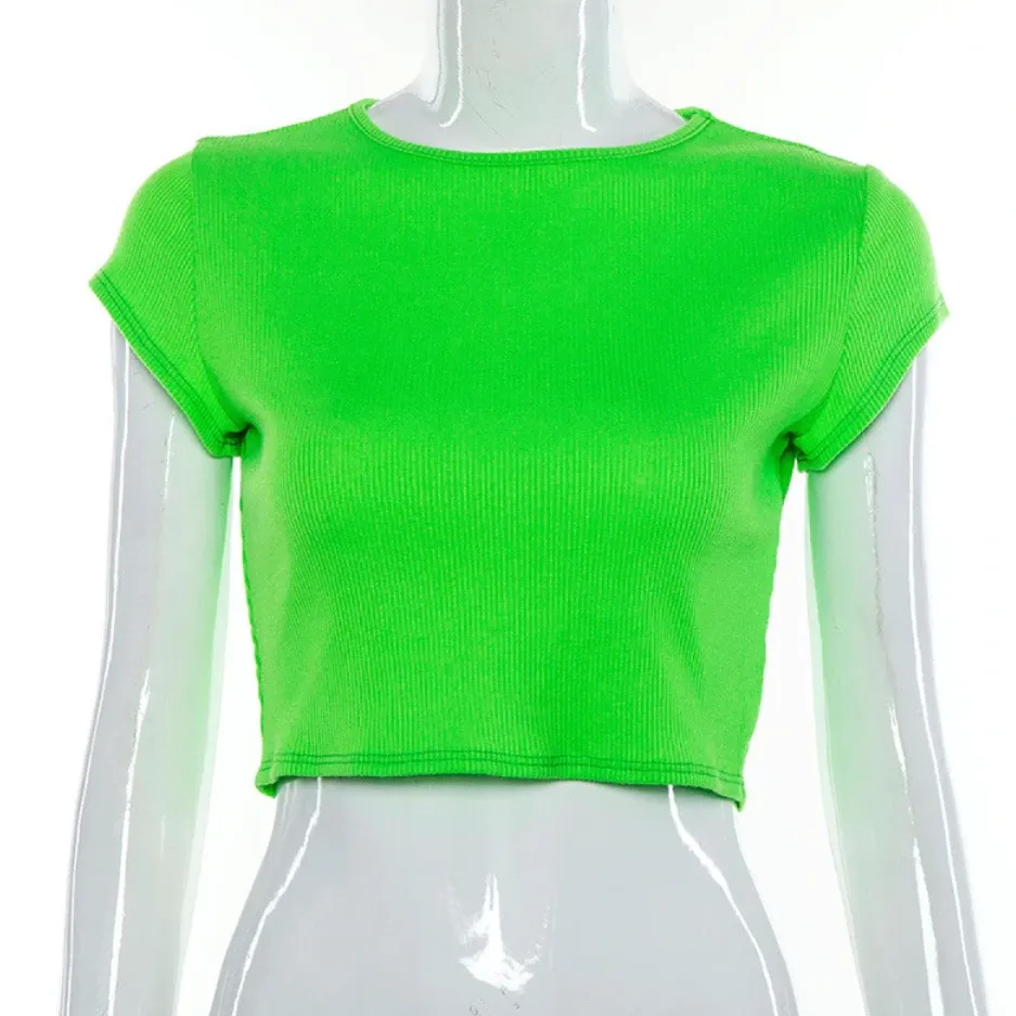 Women's Summer Casual O-Neck Ribbed Crop Top