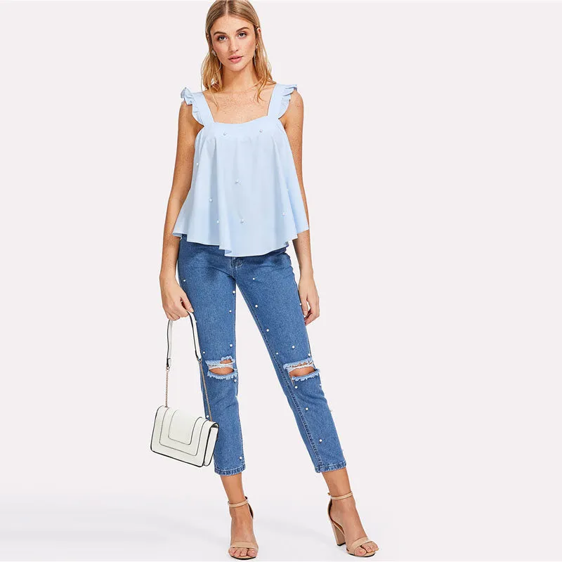 Women's Summer Top With Pearl Beading