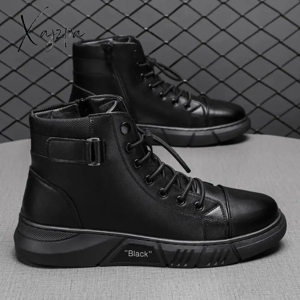 Xajzpa - Men's Motorcycle Boots Comfortable Platform Boots Men‘s’ Outdoor High Top Leather Boots Fashion Comfortable Waterproof Men Shoes