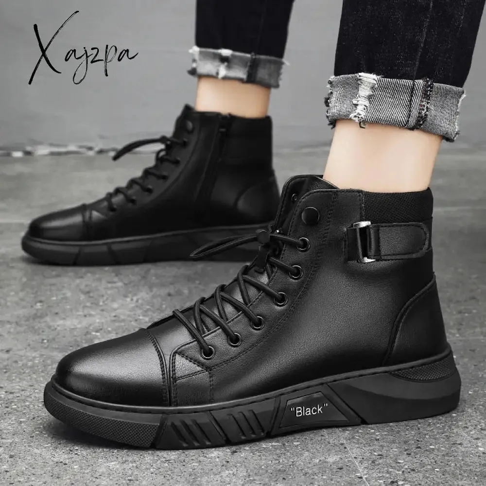 Xajzpa - Men's Motorcycle Boots Comfortable Platform Boots Men‘s’ Outdoor High Top Leather Boots Fashion Comfortable Waterproof Men Shoes