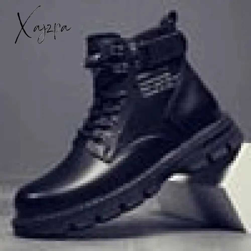 Xajzpa - Men's Motorcycle Boots Comfortable Platform Boots Men‘s’ Outdoor High Top Leather Boots Fashion Comfortable Waterproof Men Shoes