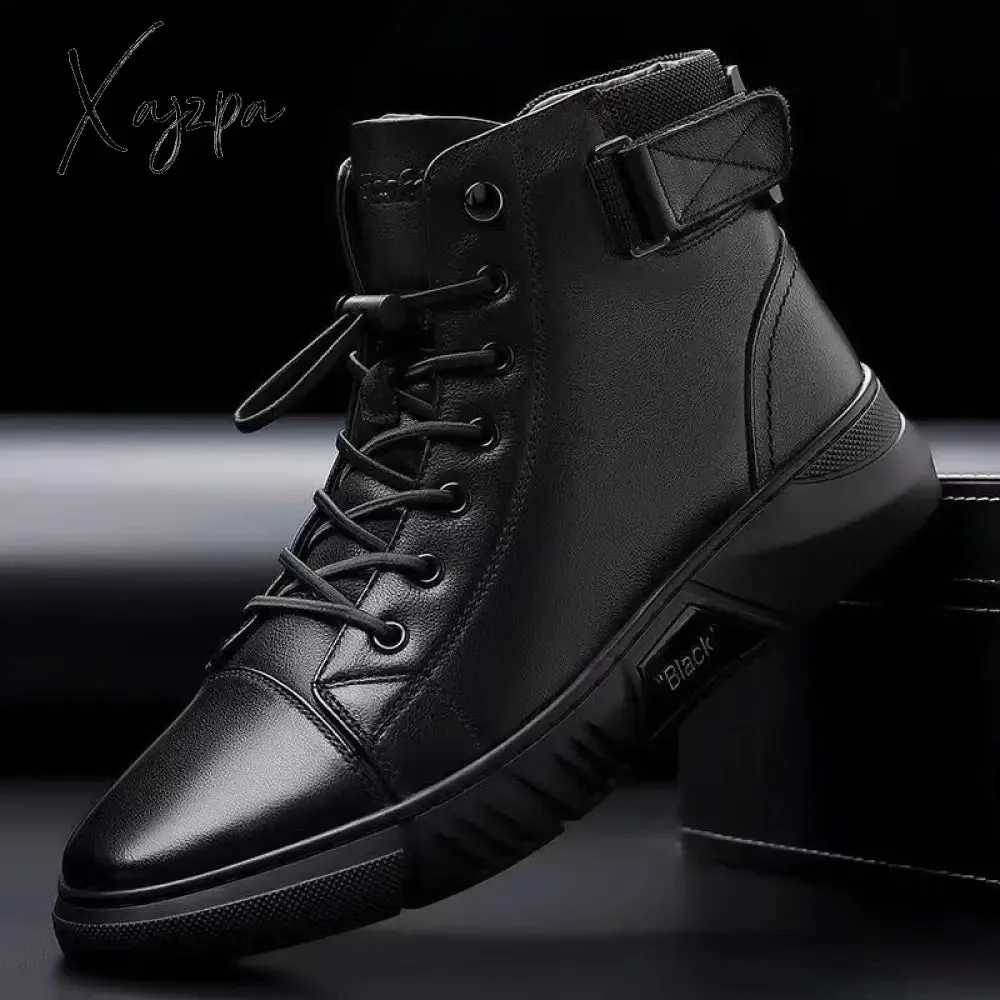 Xajzpa - Men's Motorcycle Boots Comfortable Platform Boots Men‘s’ Outdoor High Top Leather Boots Fashion Comfortable Waterproof Men Shoes