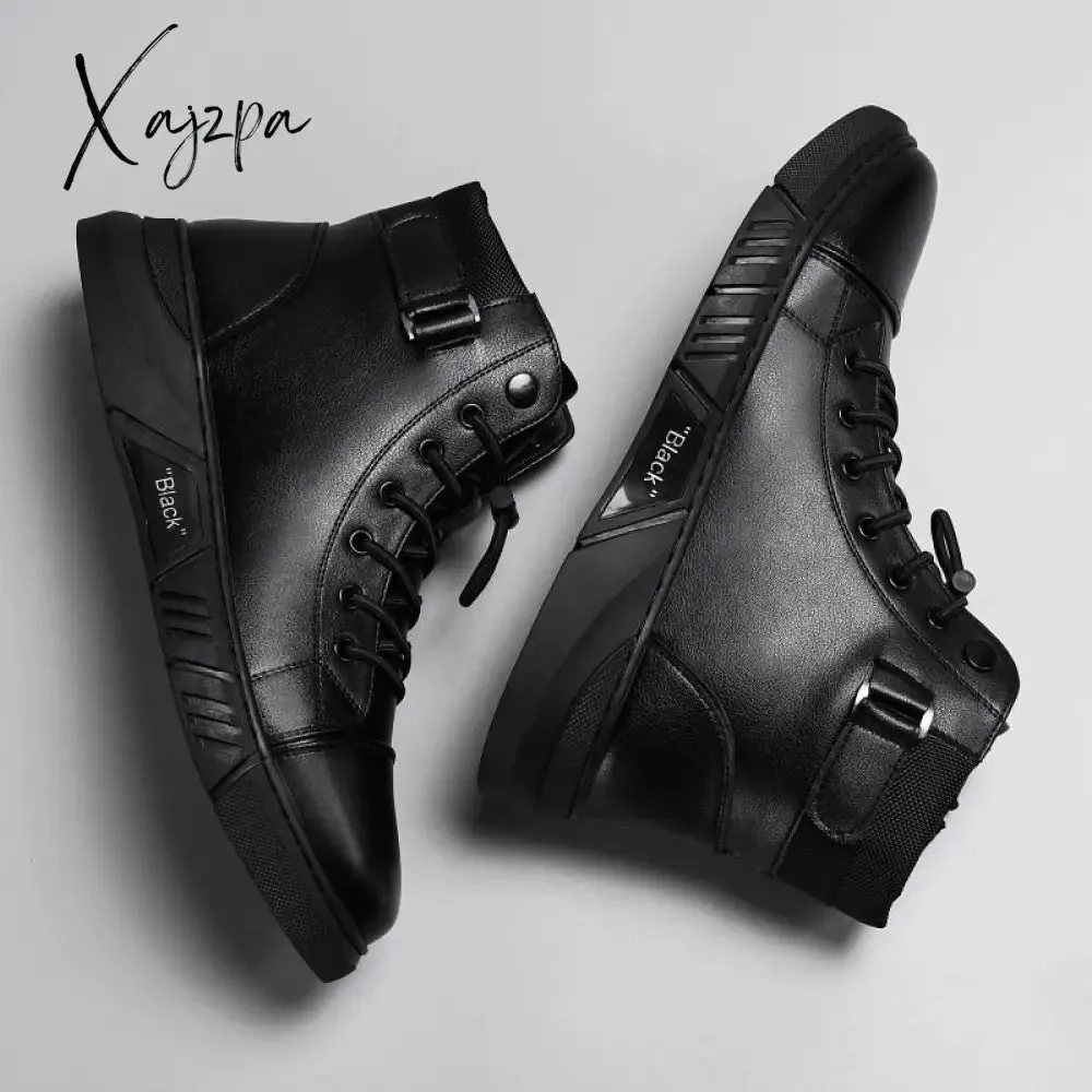 Xajzpa - Men's Motorcycle Boots Comfortable Platform Boots Men‘s’ Outdoor High Top Leather Boots Fashion Comfortable Waterproof Men Shoes