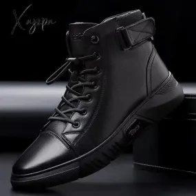 Xajzpa - Men's Motorcycle Boots Comfortable Platform Boots Men‘s’ Outdoor High Top Leather Boots Fashion Comfortable Waterproof Men Shoes