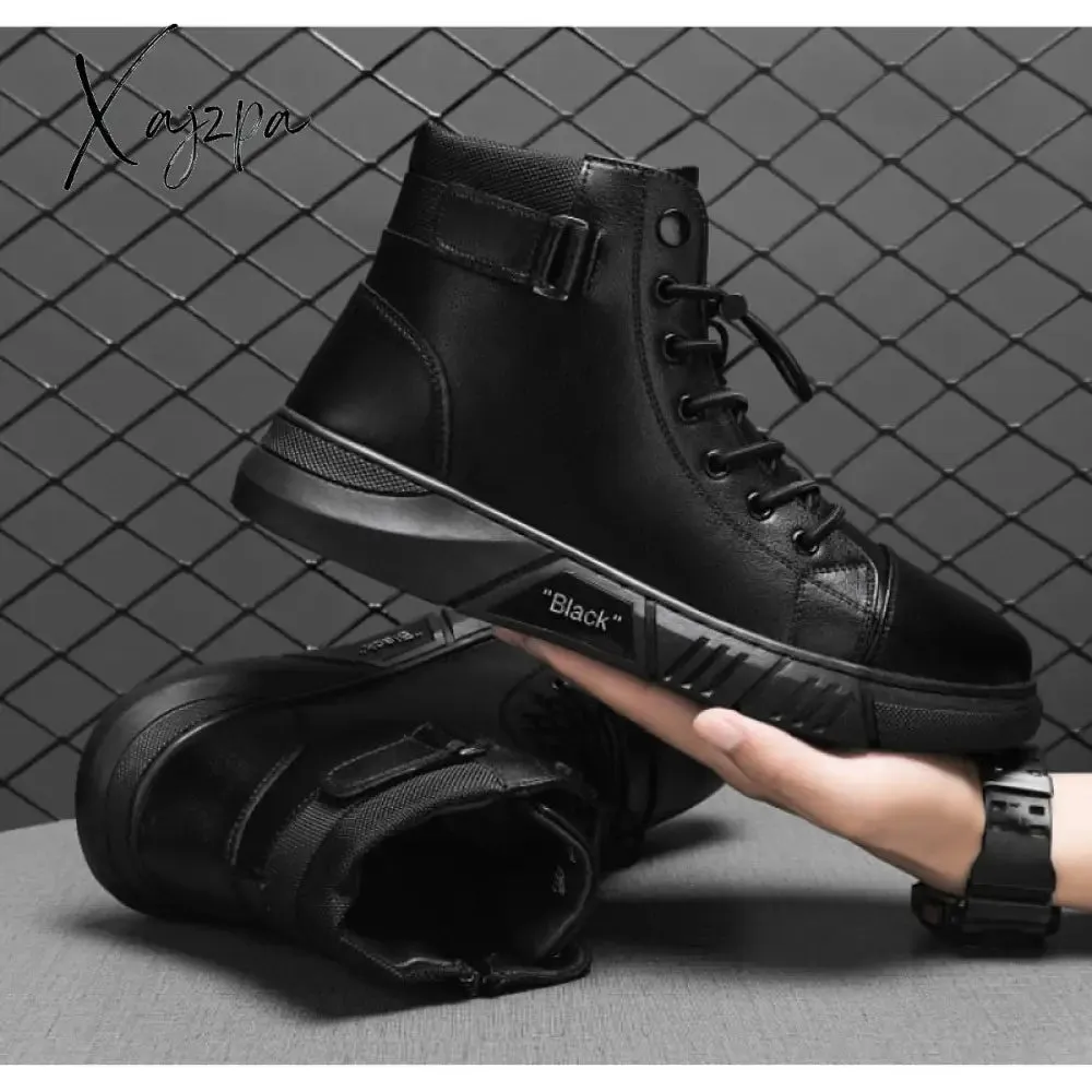 Xajzpa - Men's Motorcycle Boots Comfortable Platform Boots Men‘s’ Outdoor High Top Leather Boots Fashion Comfortable Waterproof Men Shoes