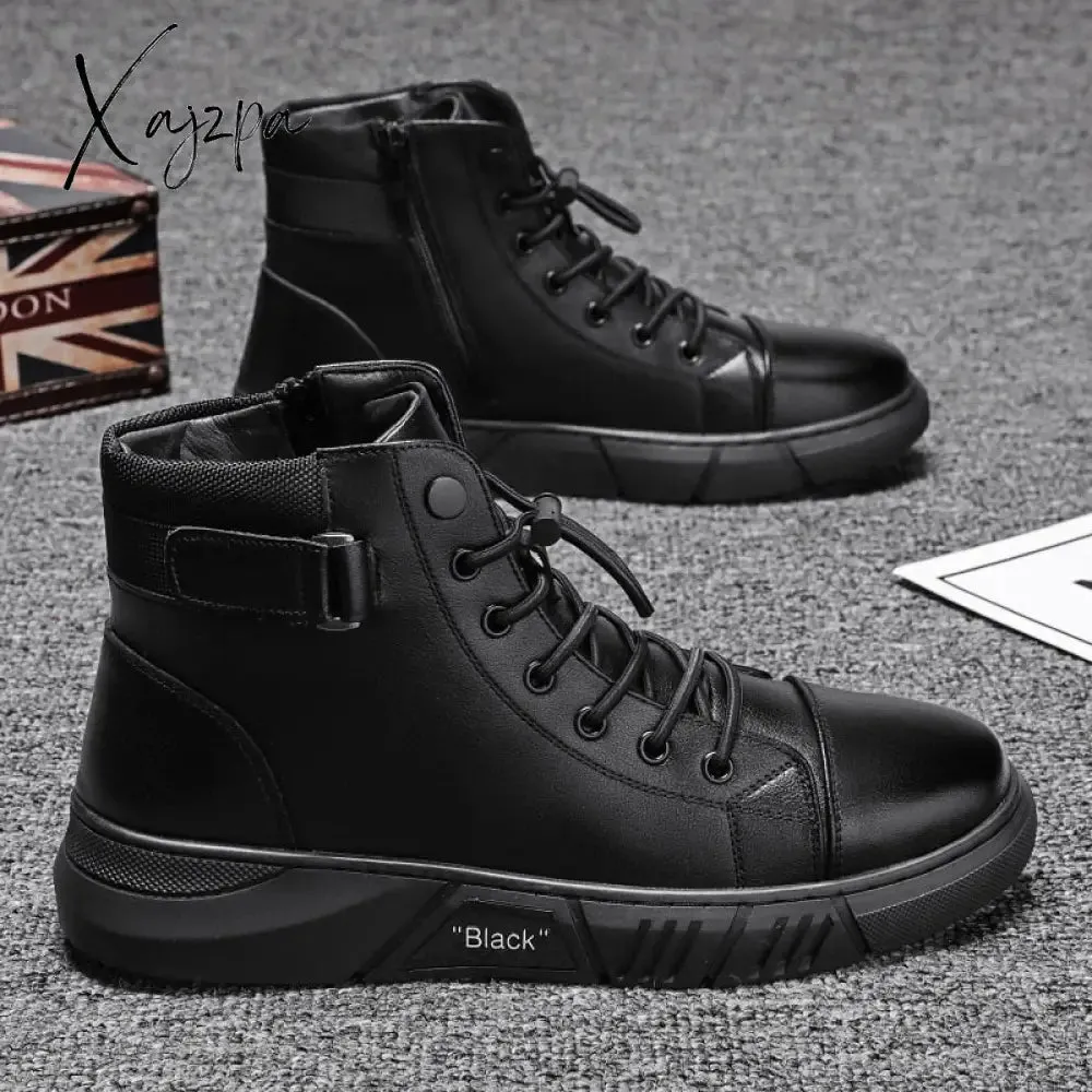 Xajzpa - Men's Motorcycle Boots Comfortable Platform Boots Men‘s’ Outdoor High Top Leather Boots Fashion Comfortable Waterproof Men Shoes