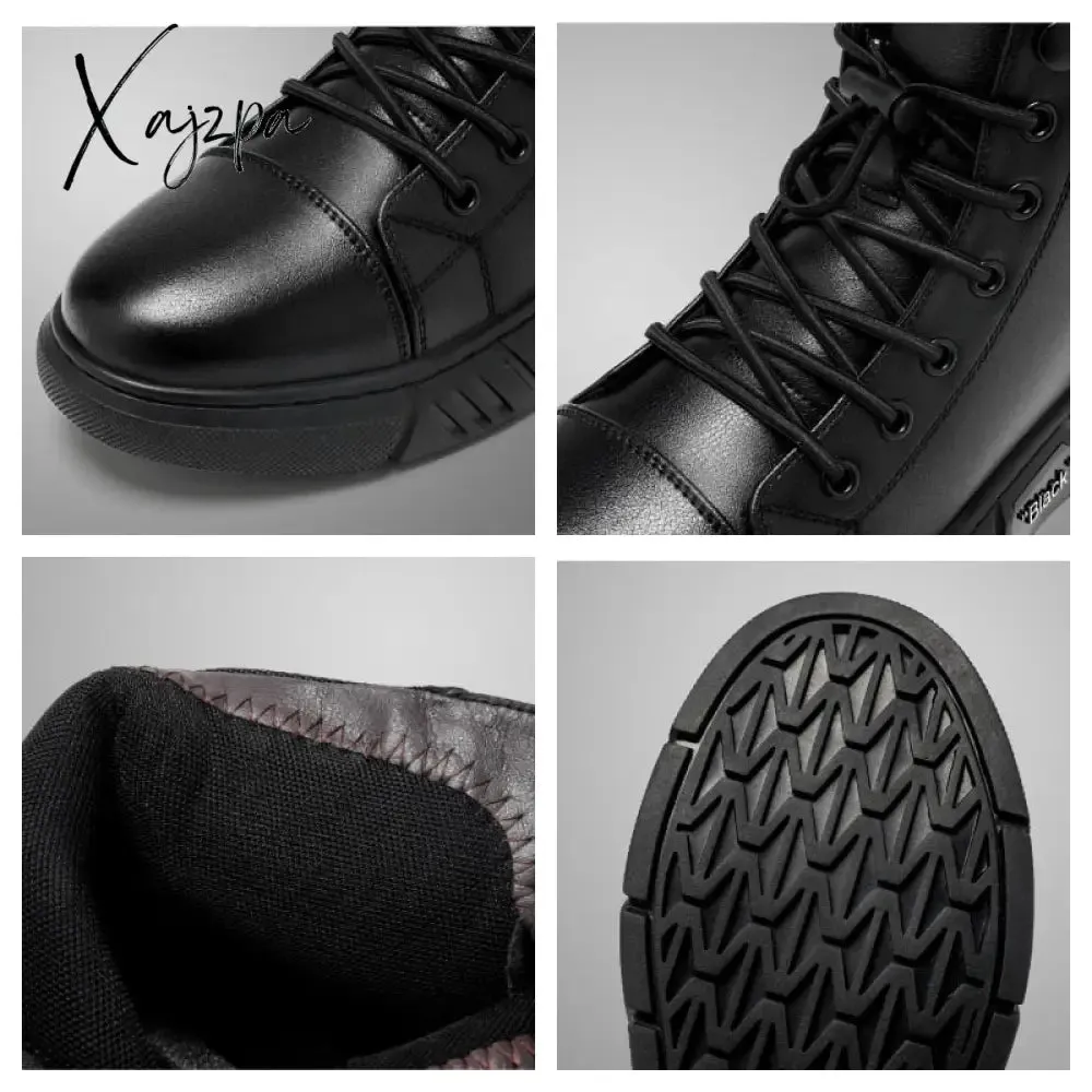 Xajzpa - Men's Motorcycle Boots Comfortable Platform Boots Men‘s’ Outdoor High Top Leather Boots Fashion Comfortable Waterproof Men Shoes
