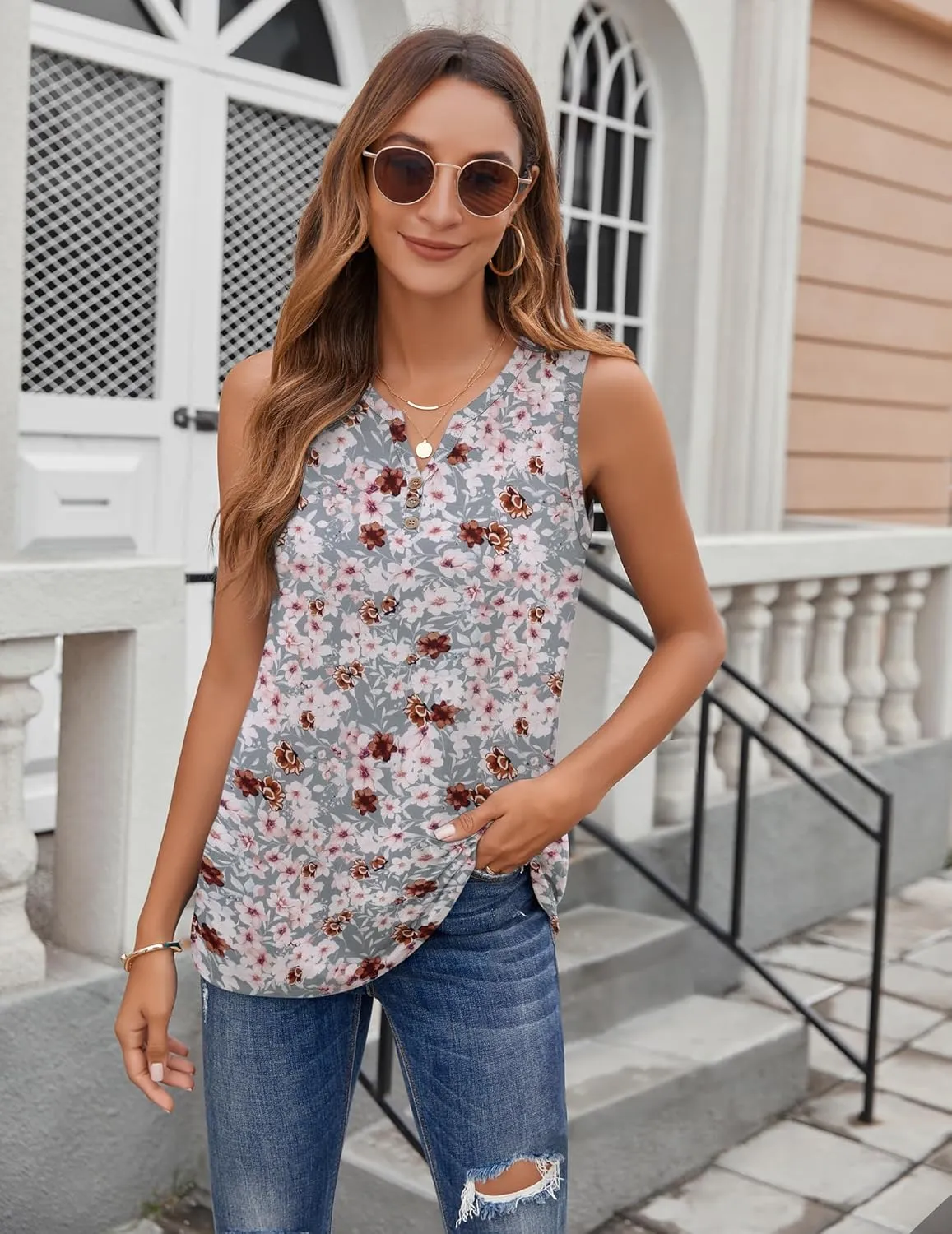 Zeagoo Loose Button Down V Neck Flowy Summer Tops