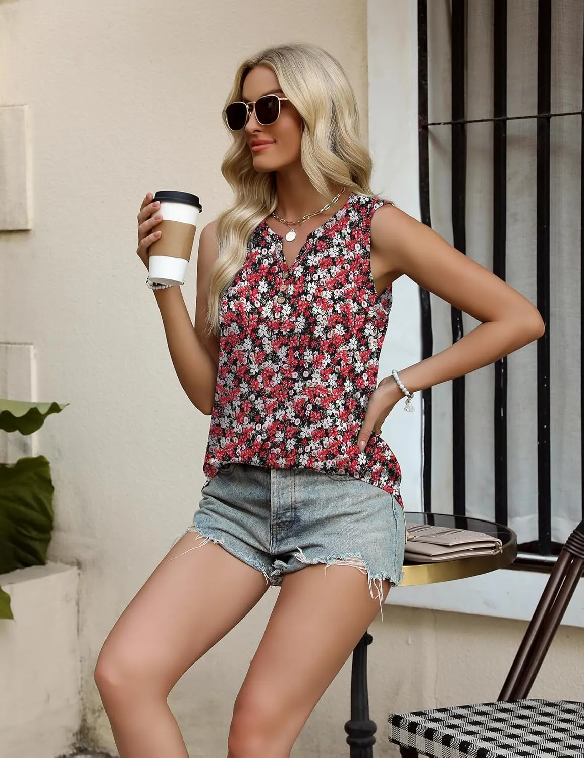 Zeagoo Loose Button Down V Neck Flowy Summer Tops