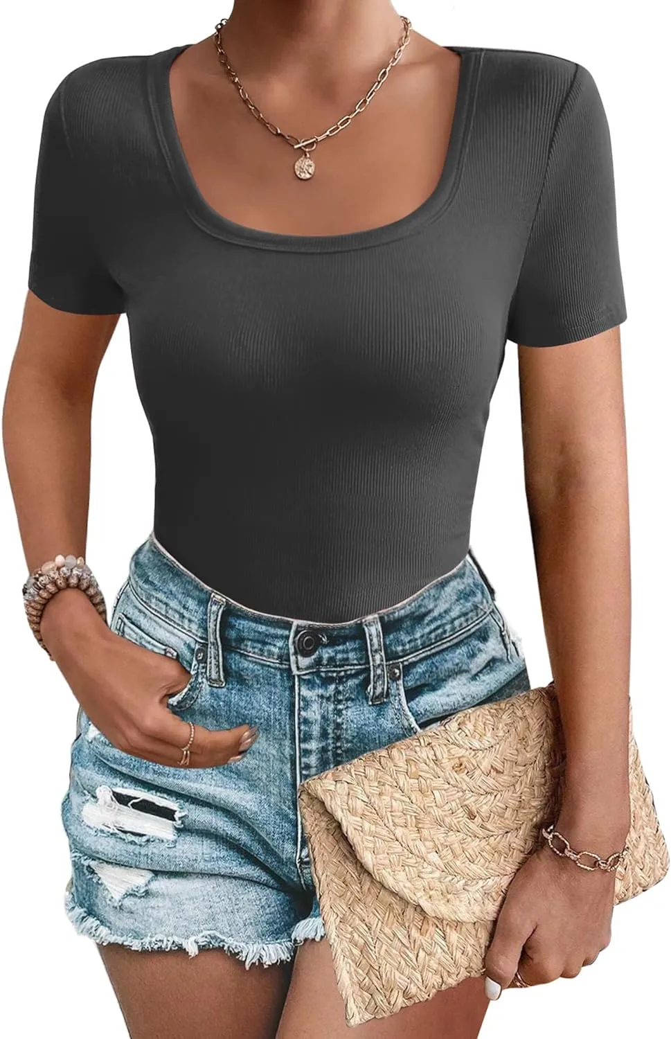 Zeagoo Women's Short Sleeve T Shirts Casual Summer Basic Scoop Neck Slim Fit Rib Knit Business Work Tee Tops