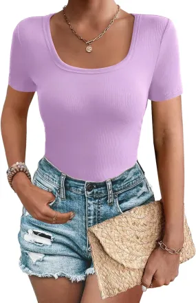 Zeagoo Women's Short Sleeve T Shirts Casual Summer Basic Scoop Neck Slim Fit Rib Knit Business Work Tee Tops